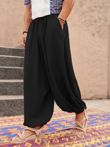 Image of Leriya Fashion Men's Boho Hippie Harem Pants | Black Printed Wide-Leg Trousers | Koren Streetwear Loose Baggy Fit Summer Lounge Yoga Lowers | Men's Solid Cowl Dhoti Pants | Relaxed Fit Draped Harem