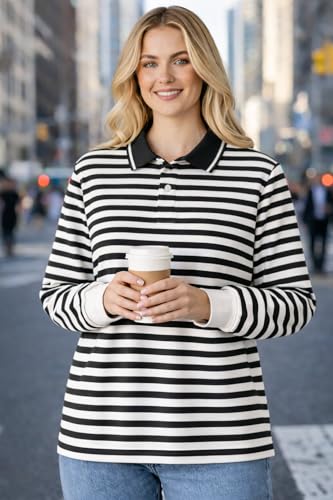 Image of Mack Jonney Women's Striped Polo T-Shirt | Full Sleeves | Collared Casual Cotton Tee | Regular Fit Top-M7372