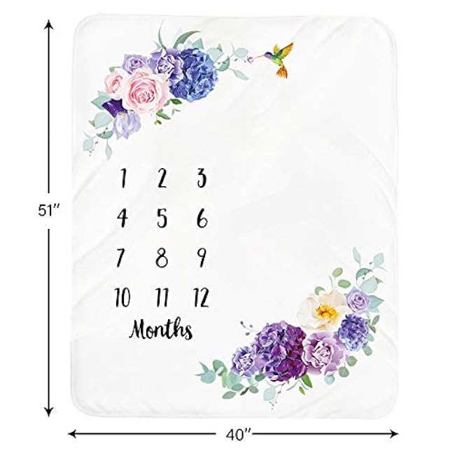Baby Monthly Milestone Blanket Girl - Floral Newborn Month Blanket Personalized Shower Gift Soft Plush Fleece Photography Background Photo Prop Flower Rugs with Wreath Headband Large 51''x40''