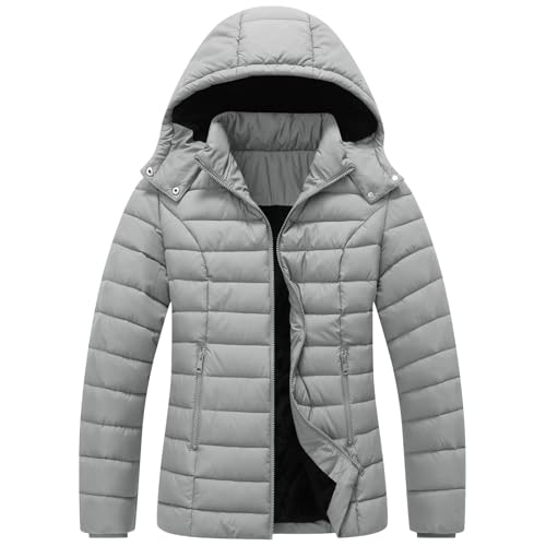 Chaqueta acolchada con capucha para mujer, acolchada, ligera, cálida e impermeable, con bolsillos con cremallera para uso diario, gris, XXL