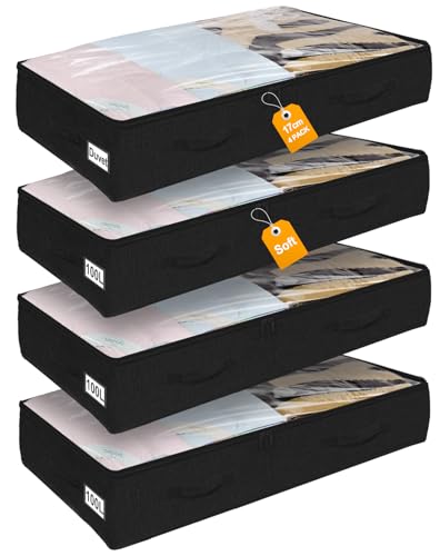 mepure 100L Extra Large Underbed Storage, 4 Packs Under Bed Storage Box With Lid & Zips, Foldable Fabric Underbed Clothes Storage Bags W/Sturdy Handles, College Dorm Organizer For Blankets Comforters