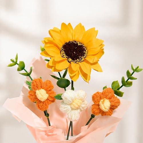 Image of Art Street Handmade Crochet Flower Bouquet with Sunflower | Orange & White Knitted Flowers with Green Leaves, Decorative Pot with Ribbon for Home Decor, Birthday, Anniversary