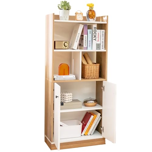 SFAREST Wooden 4-Tier Bookcase, Freestanding Display Unit and Organizer Cabinet with 2 Doors, Open Shelves & Anti-Toppling Devices, 140cm Tall Bookshelf for Living Bedroom Office