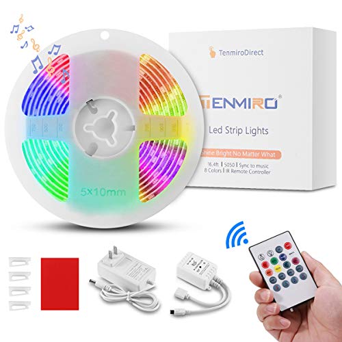 Tenmiro LED Strip Lights, 16.4ft LED Music Sync Color Changing Lights with 20keys Music Remote Controller and 12V Power Supply, SMD5050 RGB Led Strips for Room, Bedroom, TV, Party