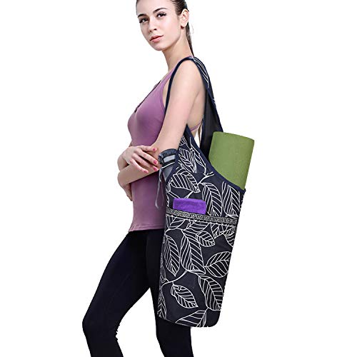 ELENTURE Yoga Mat Bag with Strap for 1/4 & 1/3 Inch Thick Mat, Yoga Mat Tote Carrier Bag with Pockets, Fit Most Size Mats (Leaves)