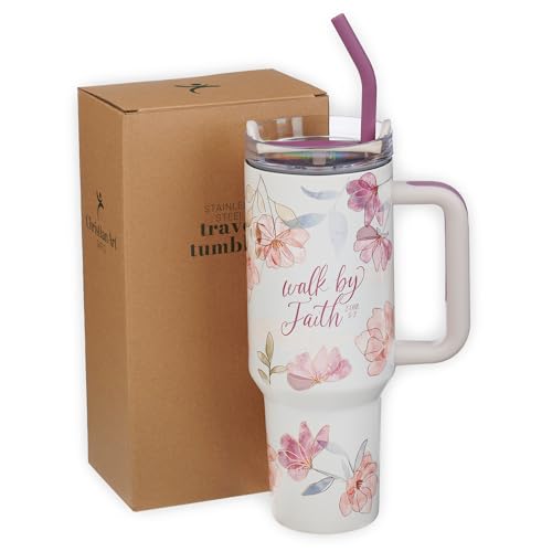 Image of Christian Art Gifts 40 oz Tumbler for Women: 2 Corinthians 5:7 Bible Verse, Stainless Steel, Insulated Travel Mug with Lid, Reusable Straw & Flex Tip, White & Pink Floral, Encouraging Gift for Women