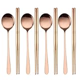 Cucharas y palillos coreanos, palillos reutilizables, cucharas coreanas, vajilla de acero inoxidable, juego de vajilla para el hogar, cocina, restaurante (oro rosa)