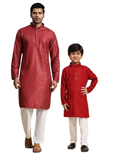 Image of Pro-Ethic Style Developer Men Silk Striped Father Son Matching Ethnic Wear Embroidery Mirror Work Kurta Pyjama Set |(Combo)B-117