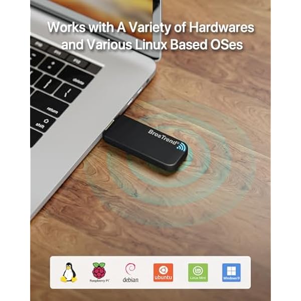 Адаптер BrosTrend Linux USB WiFi AC1200 поддерживает Kali, Ubuntu, Mint, Debian, Kubuntu, MATE, LMDE, Zorin, Raspberry Pi 2+, Windows 11, беспроводной двухдиапазонный донгл Linux WiFi 5 ГГц/867 Мб