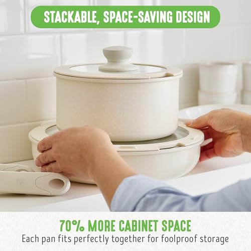 GreenLife 10 Piece Nonstick Pots & Pans Set, Detachable Handle & Stackable Cookware Set, Non Toxic PFAS-Free Skillets, Induction Kitchen Pans, Space Saving, Serving Bowls, Oven Safe, Speckled Cream by GreenLife - Image 2