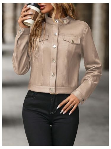 MakeMeChic Women's Faux Suede Jacket Button Down Long Sleeve Collared Coat Outerwear4