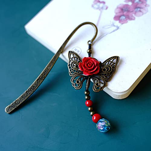 Yiruzwrd Classic Metal Bookmark Rose Flower Butterfly Design Bead Pendant Beading Bookmark #TOP2