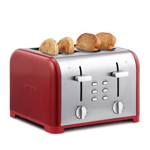 Kenmore Toaster 4 Slice - Extra Wide Slot Countertop Kitchen Appliance, Defrost Function, Grille-Pain, 9 Shade Settings, Compact Design, Easy Clean Crumb Tray, Bread Bagel, Stainless Steel & Red by Koolatron - Used condition - CA$42.62