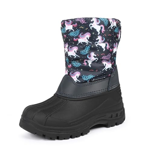 CIOR Kids Snow Boots with Faux Fur Lining, Hook and Loop Outdoor Anti-slip Boys Girls Winter Boots (Toddler/Little Kids) U125WXZ894.EL-Du Black-27