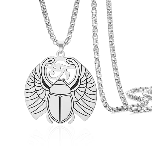 VASSAGO Collar de escarabajo para hombres y mujeres collar de acero inoxidable con diseño de ojo de Horus diseño de escarabajo egipcio antiguo amuleto de protección de Wadjet (plata)
