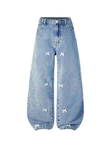 WDIRARA Girl's Cute Bowknot Glitter Rhinestone Baggy Jeans Y2k High Waist Wide Leg Denim Pants