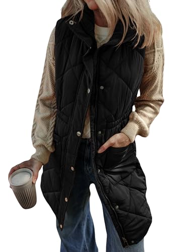 Athlisan Womens Long Puffer Vest Sleeveless Zip Up Stand Collar Padded Gilet Coat with Pockets(Black-L)