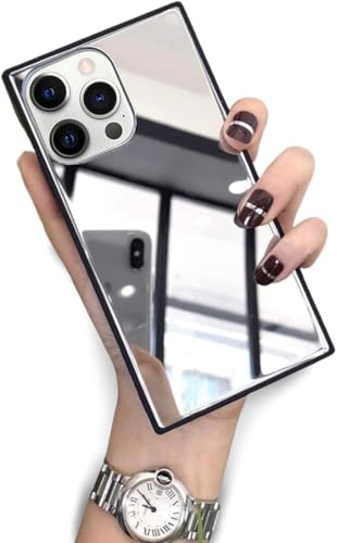 YTanazing for iPhone 13 Pro Max Mirror Case for Women, Luxury Glass Glossy Rectangle Mirror Shockproof Smooth Hard Case with Soft Silicone Bumper TPU Frame Compatible with iPhone 13 Pro Max 6.7 inch