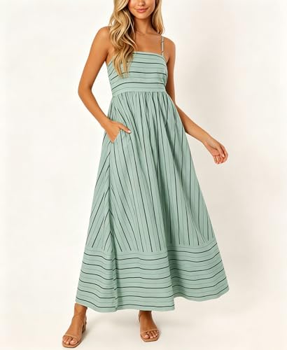 Image of chouyatou Women's Striped Back Smocked Maxi Dress Sexy Spaghetti Strap Cut Out Flowy Swing Long Dress