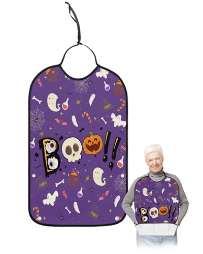 Kewadony Adult Bibs for Elderly Women - Halloween Waterproof Dining Clothing Protectors with Crumb Catcher for Eating/Feeding, Purple Boo Cute Skull Pumpkin Ghost Terry Cloth Bib Machine Washable