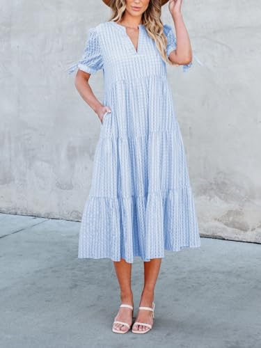 Image of Theenkoln Womens Casual Midi Dress: Short Sleeve V-Neck Empire Waist Gingham Spring Fashion Long Trendy Tiered Formal Dresses