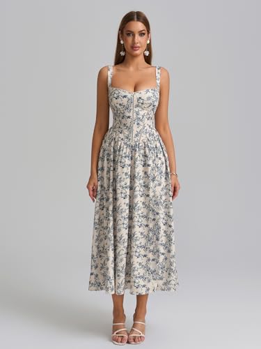 Image of KUTUMAI Floral Corset Midi Dress Flowy Slit Summer Spring Wedding Guest Dresses for Women Sundress with Pockets