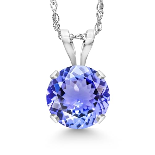 Gem Stone King Solid 14K Gold Gemstone Birthstone 4-Prong Pendant Necklace | Round Cut 6MM | Gold Necklace For Women | With 18 Inch Gold Chain | Tanzanite-December | White Gold
