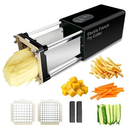 Electric French Fry Cutter, Commercial Automatic French Fry Cutter, Stainless Steel Potato Cutter with 1/2-Inch & 3/8-Inch Blade, Electric Potato Cut Machine for Restaurants & Home Kitchen
