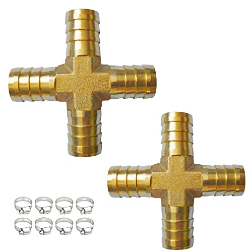JENSWILL 2 piezas de latón de 1,27 cm para manguera de 4 vías, empalmador de púas cruzadas con 8 abrazaderas de manguera para aceite, agua y aire