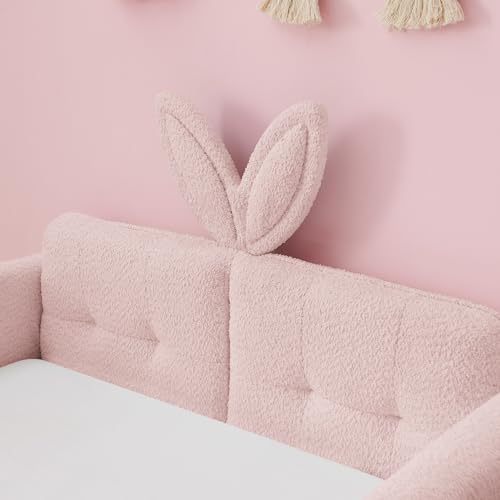 Image of KEIKI Twin Size Upholstered Platform Bed Frame with Guardrail, Slats, Pink