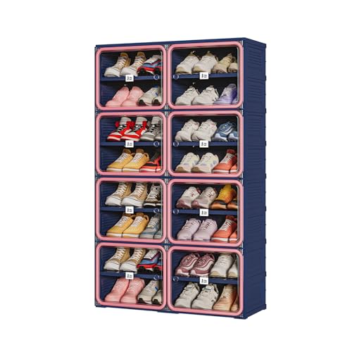 Vipbox No-Assembly Shoe Organizer, Foldable Shoe Storage Cabinet with Reinforced Framed Doors, 8-Tier Integrated Shoe Box, Modern Blue & Pink Space-Saving Shoe Rack for Closet & Entryway, Size 12