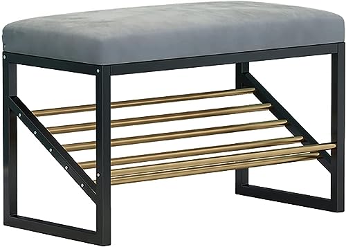 Banc à chaussures gris compact avec étagère métallique et assise salon