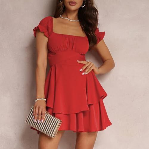 Image of Women Summer Boho Ruffle Short Dress Square Neck Layered Flowy Swing Solid Color Casaul Sun Beach Mini Dresses