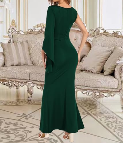 Image of Women's Elegant One Bell Sleeve Side Split Bodycon Long Formal Evening Dress