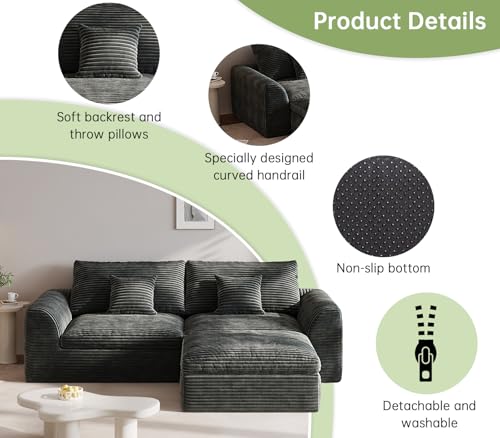 Image of 91″ Boneless Couch 3-Seater Modular Sectional Sofa with Ottoman for Living Room, L-Shape Cloud Couch with Comfy Flannel Fabric, Oversized Loveseat Recliner Lounge Chaise with 2 Throw Pillows (Grey)