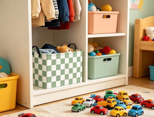 Image of Rectangular Kids Basket Baby Girl Basket Fabric Storage Bin Organizer Box Room Decor(Green Checkered)