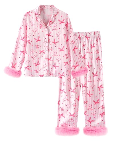 CARETOO Tween Girls Satin Pajamas Set Bow Ribbon Print Silk Button-Down Sleepwear Cute Comfortable Pajama Top and Bottom 2 Piece Nightwear for Girl 7-8 Years Old