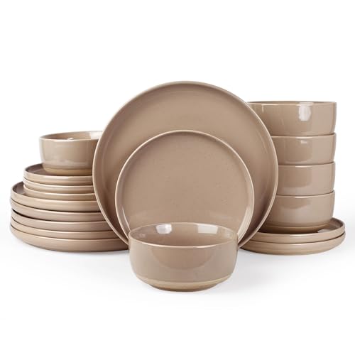 Image of Famiware Milkyway Plates and Bowls Set, 18 Pieces Dinnerware Sets, Dishes Set for 6, Cinnamon Brown