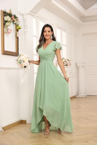 MAGGCIF Short Sleeve Bridesmaid Dresses for Women with Slit A Line Ruffle Chiffon Long Formal Evening Party Gown3