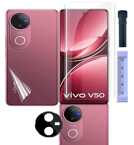 Image of FabeKee UV Advanced Tempered Glass Compatible for Vivo V50e / Vivo V50 5G | Front And Back Screen Guard With camera lens protector Edge To Edge Full Screen Coverage With Easy Installation Kit (3IN1)