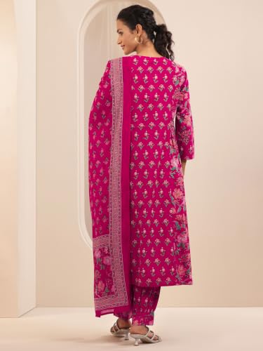 Image of Libas Pink Printed Cotton A Line Kurta set for Women | daily wear suit