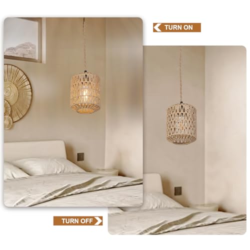 Image of 3 Lights Plug in Pendant Light with Cord On /Off Switch Rattan Hanging Lamp with 22ft Hand Woven Wicker Plug in Chandelier Boho Hanging Lights Fixture for Bedroom Kitchen Hallway Foyer