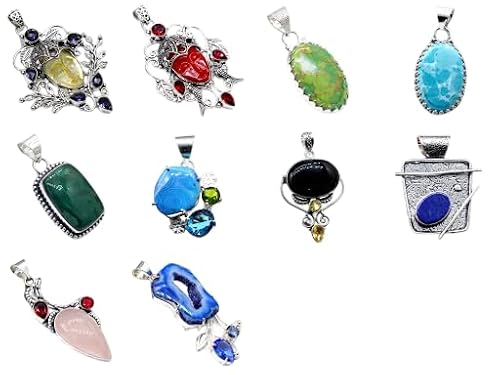 925 Sterling Silver Mixed Gemstone Pendant 10 piece Lot, Natural