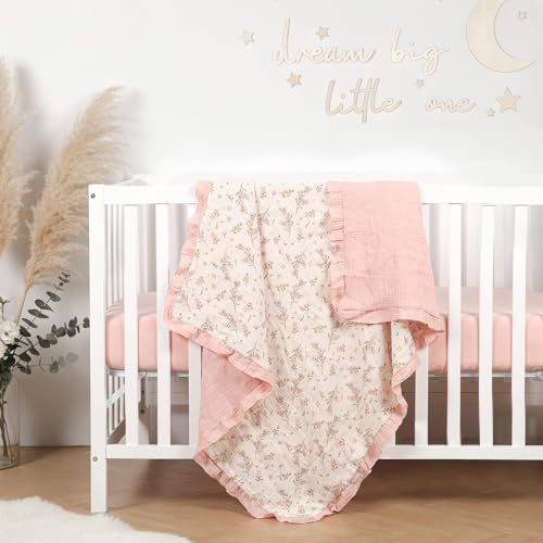 Image of Organic Baby Blanket Flounce Edge Large 50 inchx43 inch Floral, 100% Muslin Cotton Super Soft Breathable Toddler Quilt Crib Blankets Gender Neutral for Baby Boys and Girls Bassinet, Bed, Stroller & Snuggling