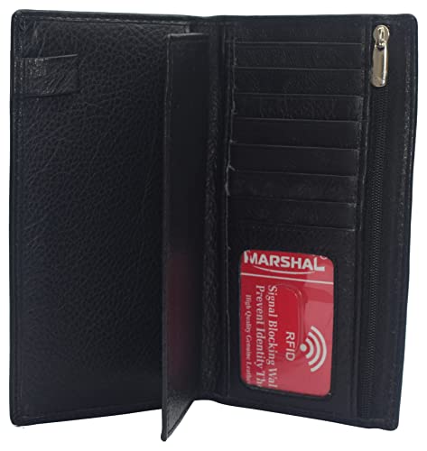 MARSHAL Genuine Leather Checkbook Cover Wallet Organizer with Credit Card Holder (Black)