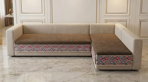 Image of Velvet Quilted Sofa Cover Mat Seat & Back, L Shape 3+2, Main L69in Chaise L46in H32in, Brown Color,Anti Skid Backing, 6in Hanging Strap Design, Washable Sof, Style -Brown-L32