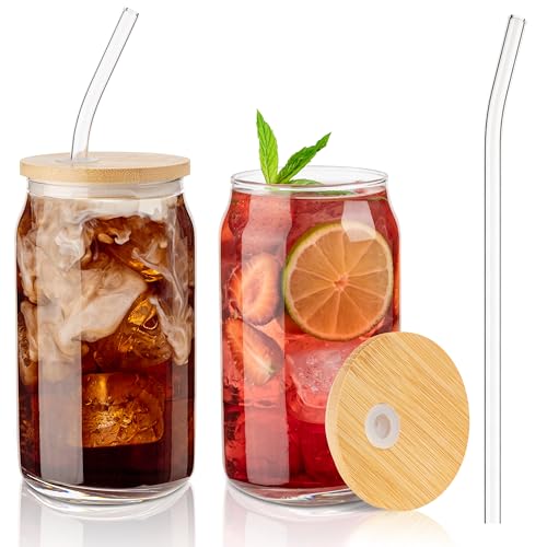 umsa Kitchen Glass Cups with Lids & Straws, 16oz, Set of 2