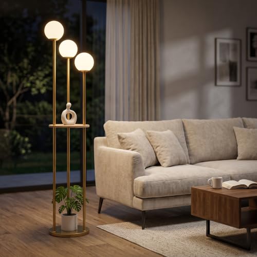 Image of Fiqevs 3 Globe Floor Lamp with Shelves - Living Room Modern Standing Lamp
