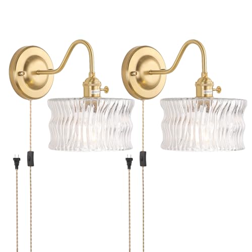 Plug in Wall Sconce Set of 2 with Glass Shade