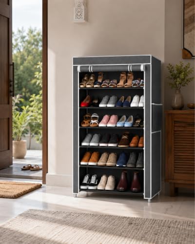 Image of 6 Layer Shoe Rack Plastic with Grey Cover | Multipurpose Plastic Shoe Rack for Home | Space Saving Foldable Shoe Stand | Storage Rack for Home, Bedroom & Entryway.